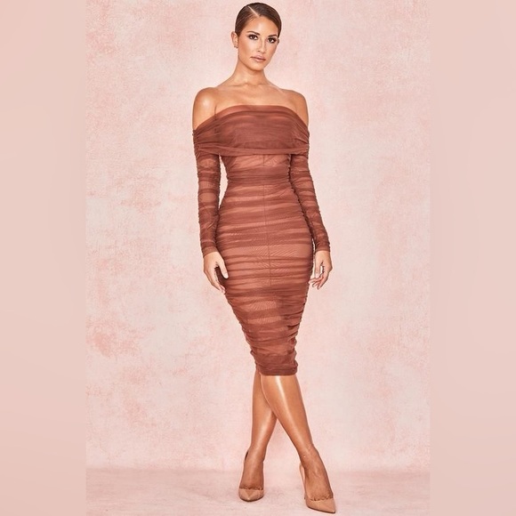 House of CB Anais Chestnut Tulle Ruched Off Shoulder Ruched Dress Medium - Picture 4 of 15
